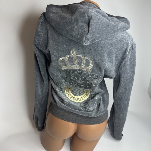 Juicy Couture VTG y2k Grey Embroidered Velour Hoodie Jacket Bear Crown RARE USA - Picture 2 of 11